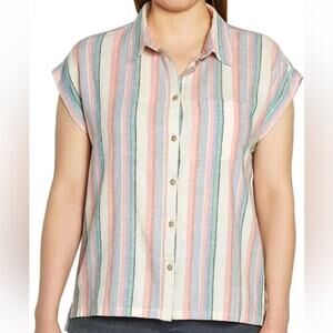 ORVIS Linen Blend Button Front Shirt XL Striped Multicolor Pocket
